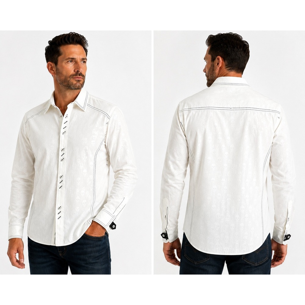 Bogosse White Skull Jacquard Western Shirt Men M Cotton Button Up Black Stitch